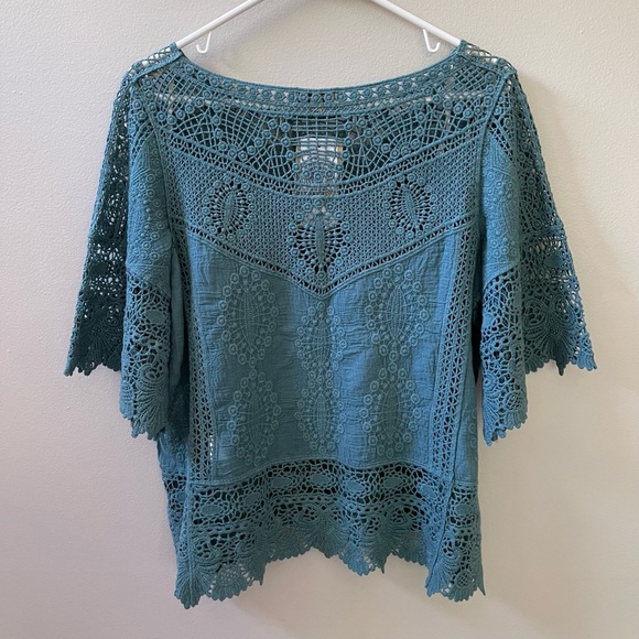 Democracy Green/Blue Crochet Cotton Boho Blouse Top Sz S - Picture 4 of 10